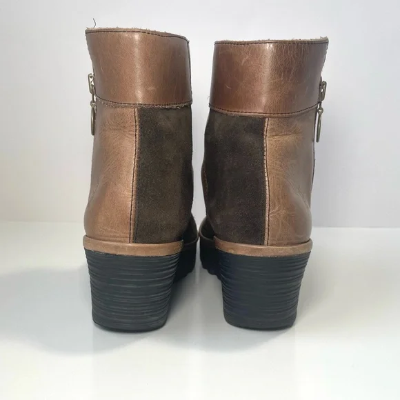 Fly London Yime Two-Tone Brown and Tan Patchwork Wedge Boots Size 39EU/8.5US - Picture 4 of 15